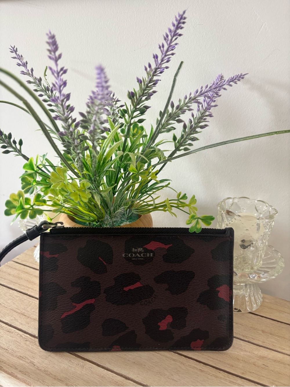 Coach Brown and Black Leopard Print Wristlet with Red Accents